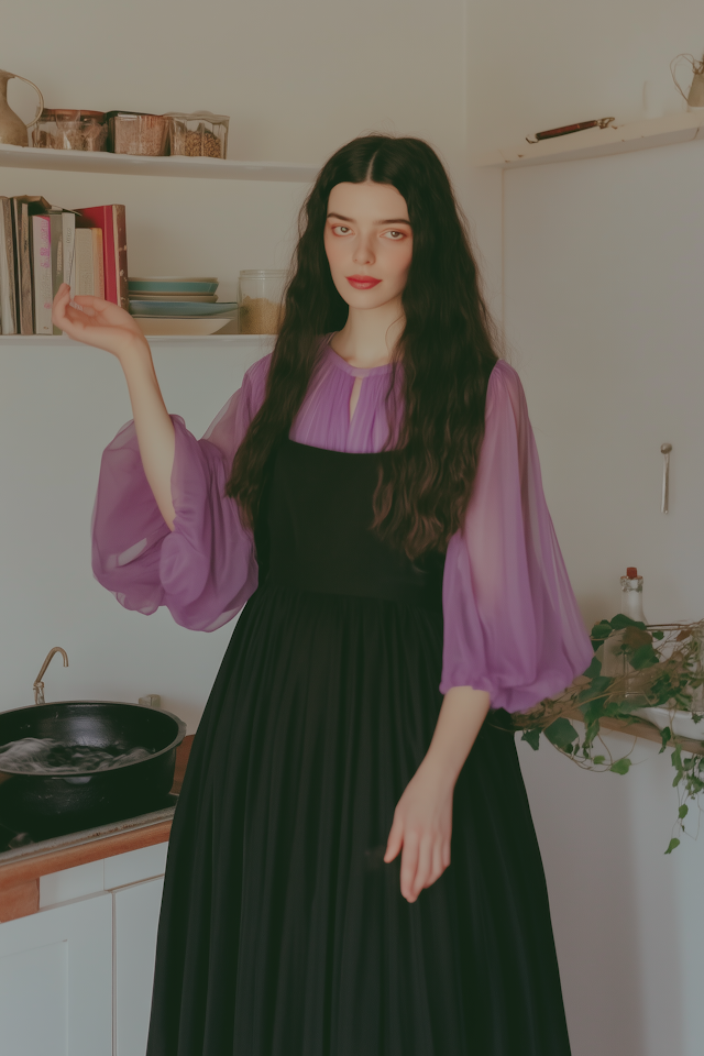 Woman in Kitchen with Flowing Dress