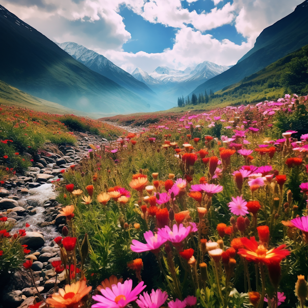 Vivid Wildflower Valley with Snow-Capped Peaks