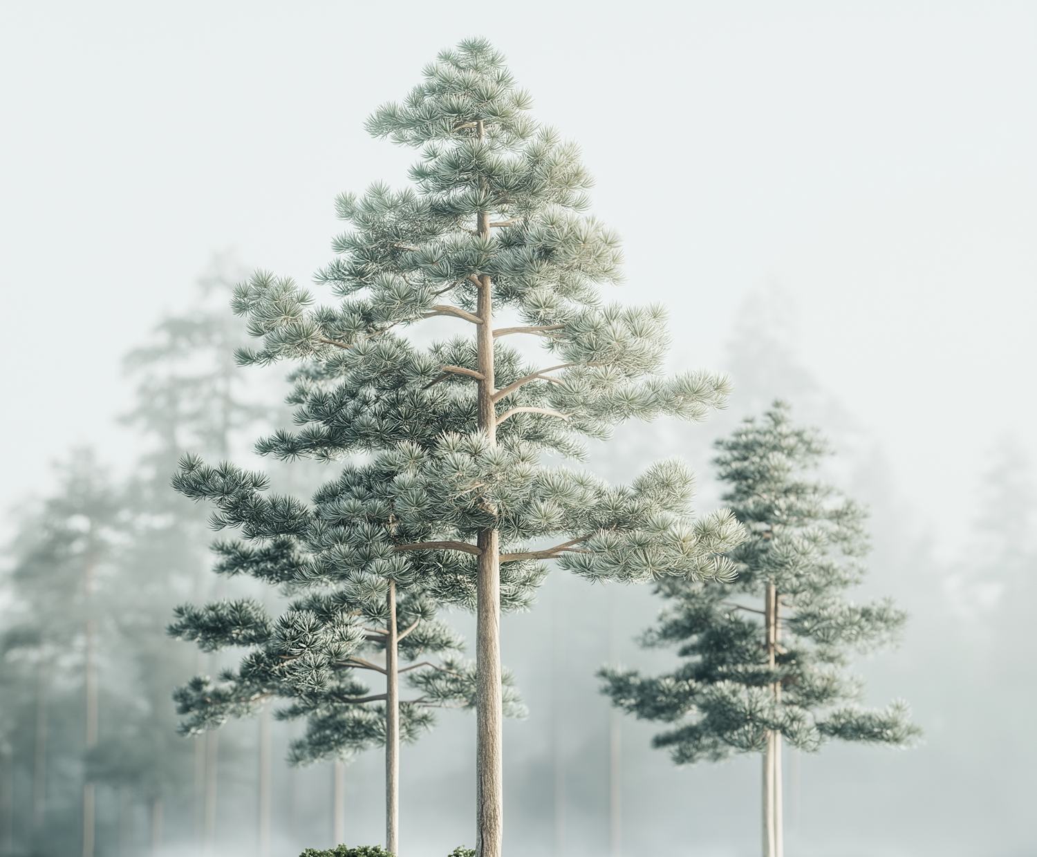 Serene Foggy Forest with Prominent Pine Tree