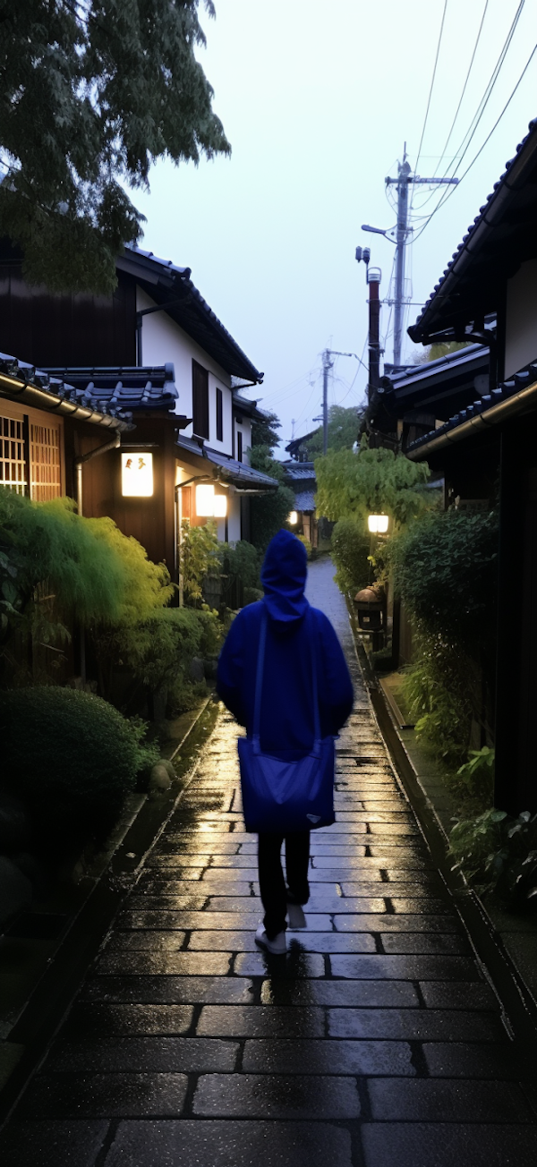 Solitary Evening Stroll in a Traditional Japanese Lane