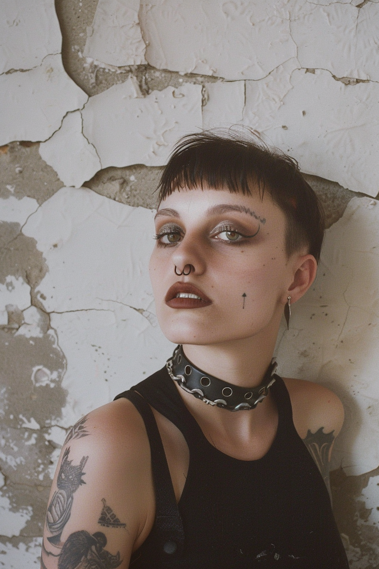 Edgy Woman with Tattoos Against Textured Background