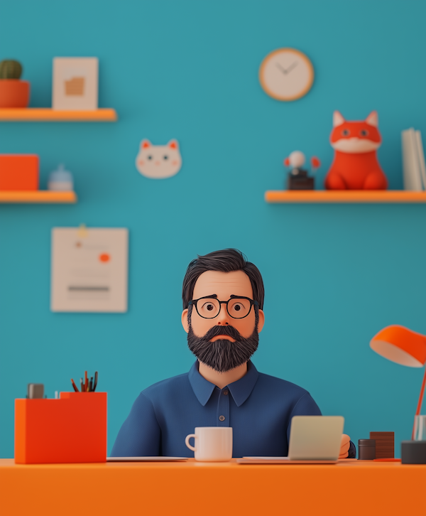 Stylized 3D Illustration of Surprised Man at Desk