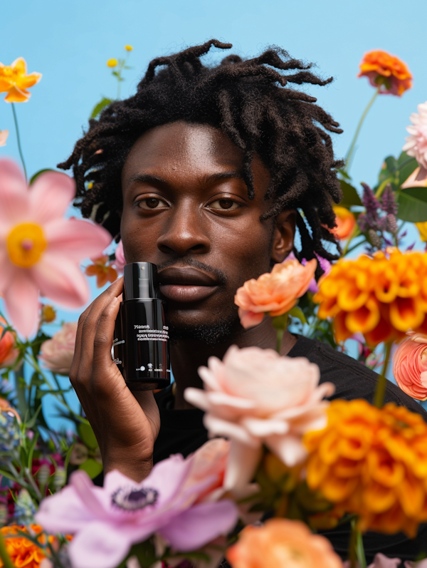 Man with Flower Arrangement and Bottle