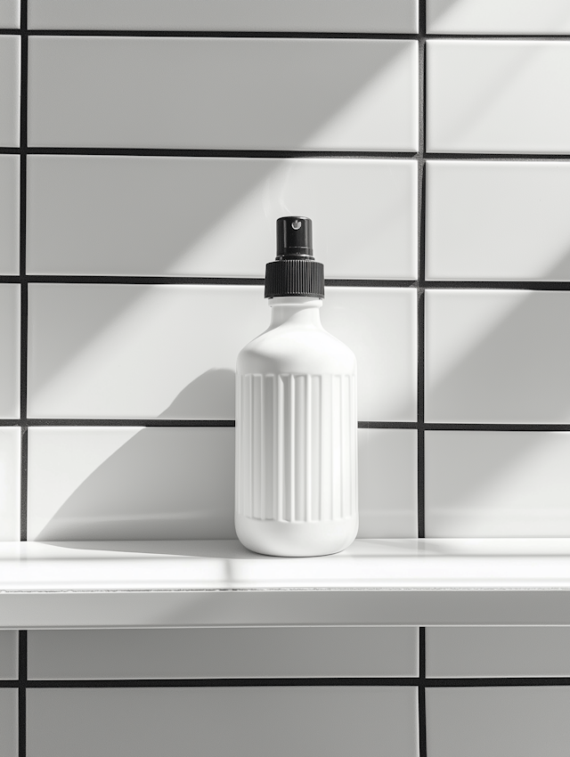 Minimalist Spray Bottle on Tiled Background