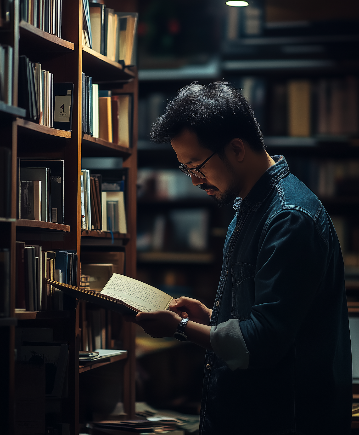 Man Reading in Dimly Lit Library