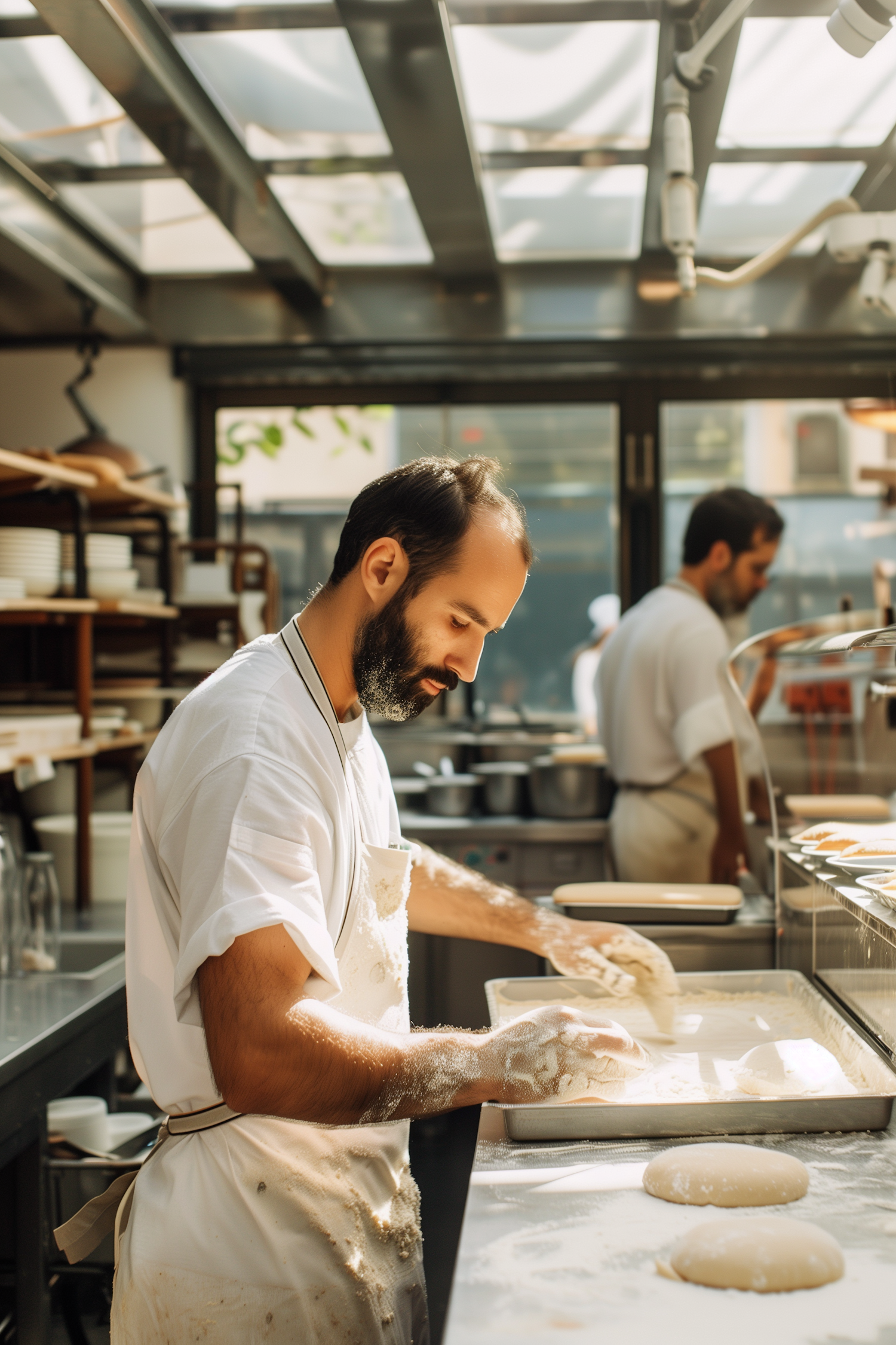 Bearded Chef Kneading Dough in Sunlit Kitchen