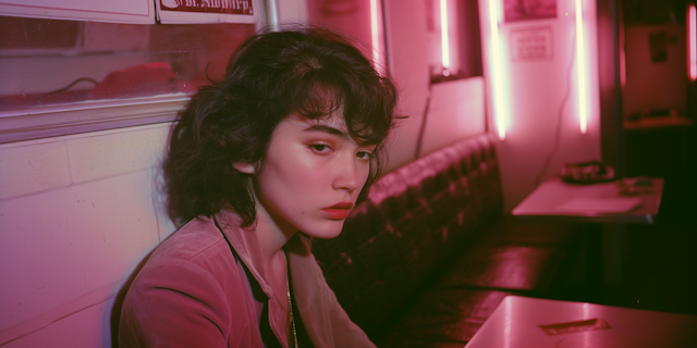 Contemplative Young Woman in Retro Diner