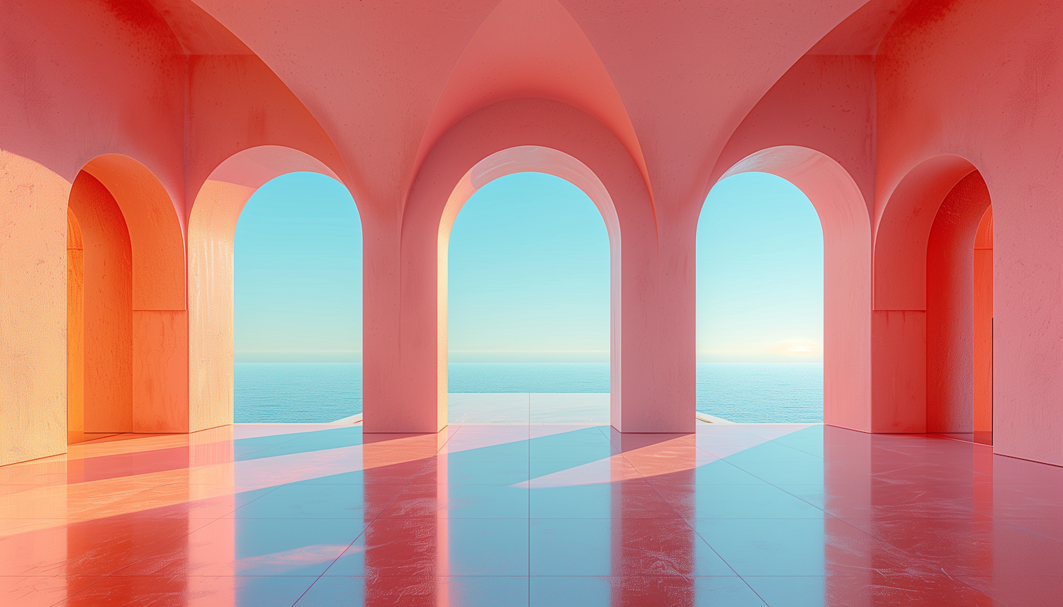 Serene Seascape Viewed Through Salmon Pink Arches