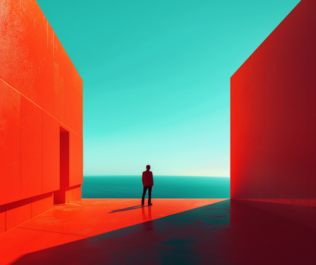 Silhouetted Figure Between Red Walls Facing the Sea