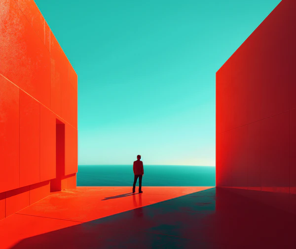 Silhouetted Figure Between Red Walls Facing the Sea