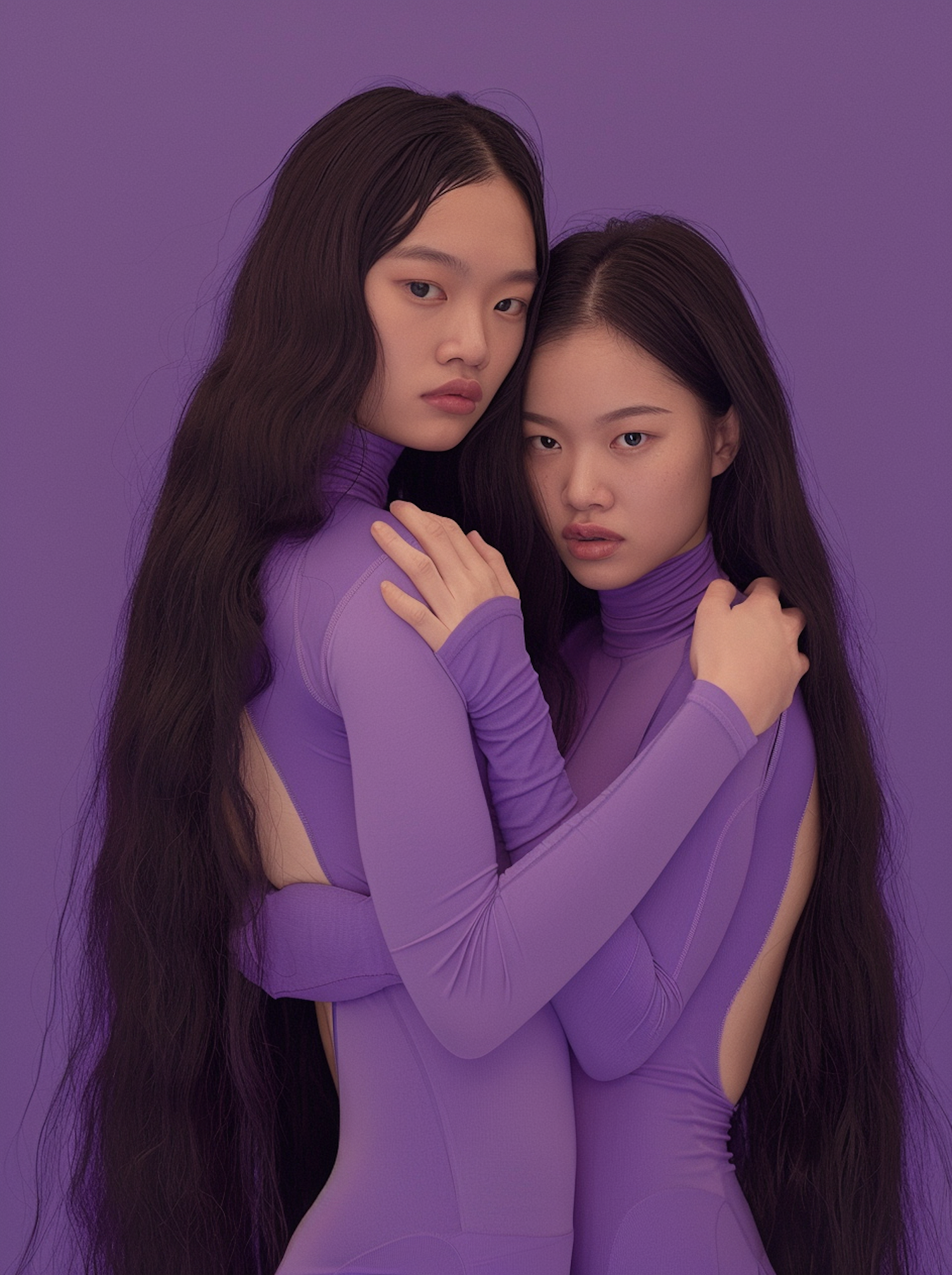 Intimate Embrace of Two Women in Purple