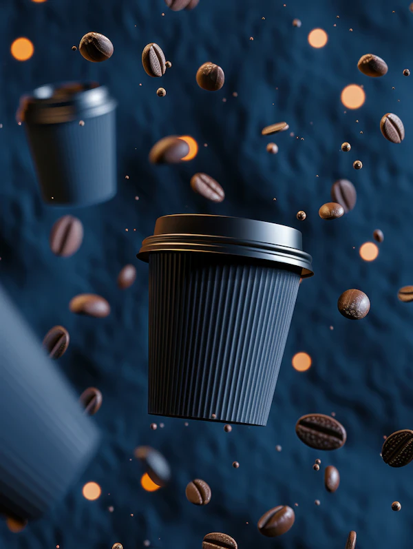 Floating Coffee Cups and Beans