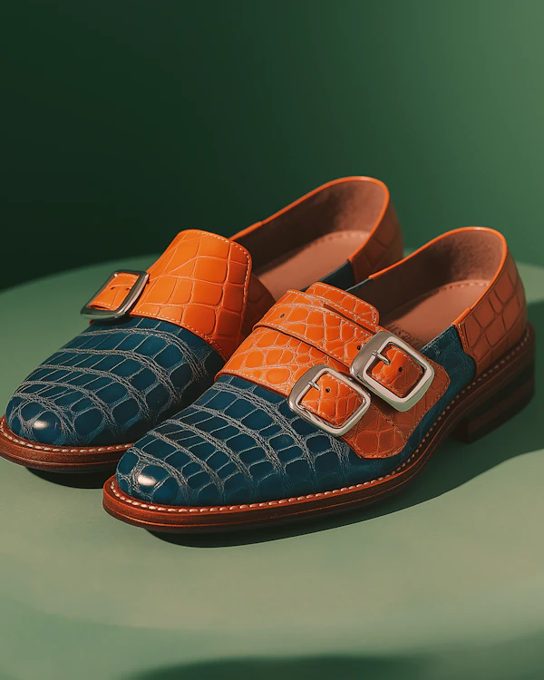 Stylish Loafers on Green Background