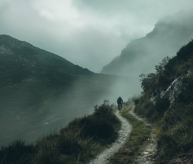 Solitary Hiker in Misty Mountains