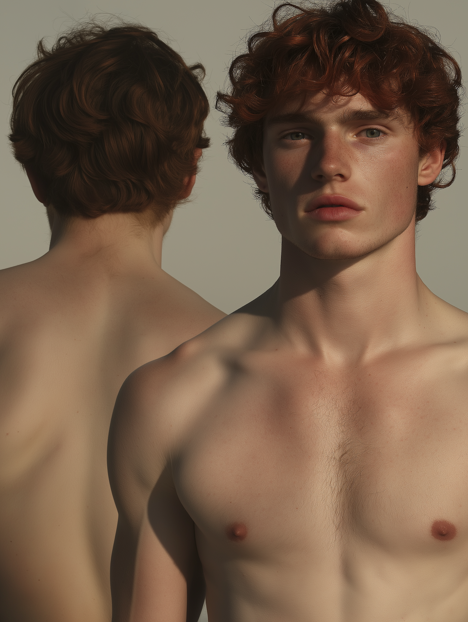 Shirtless Young Man with Curly Hair