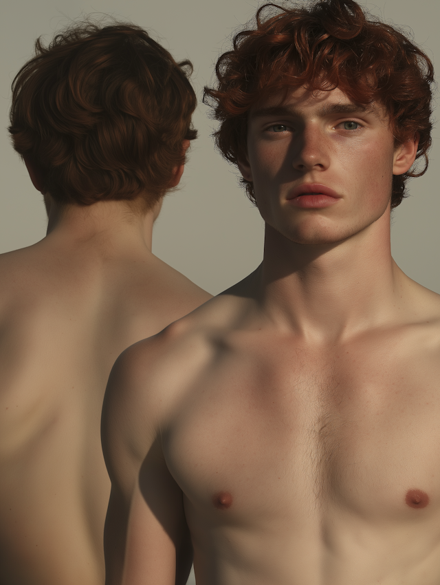 Shirtless Young Man with Curly Hair