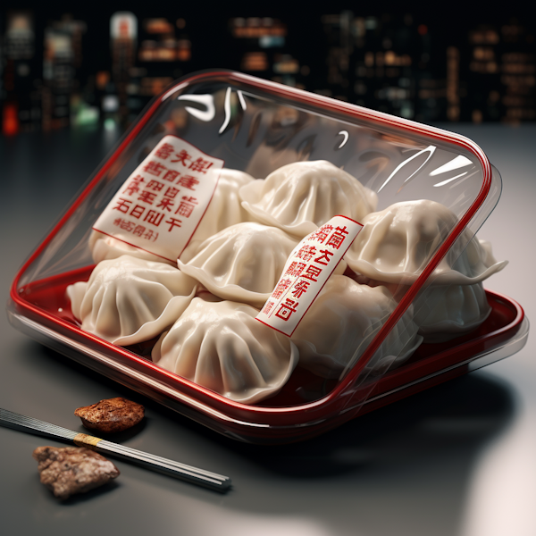 Handmade East Asian Dumplings in Red Container