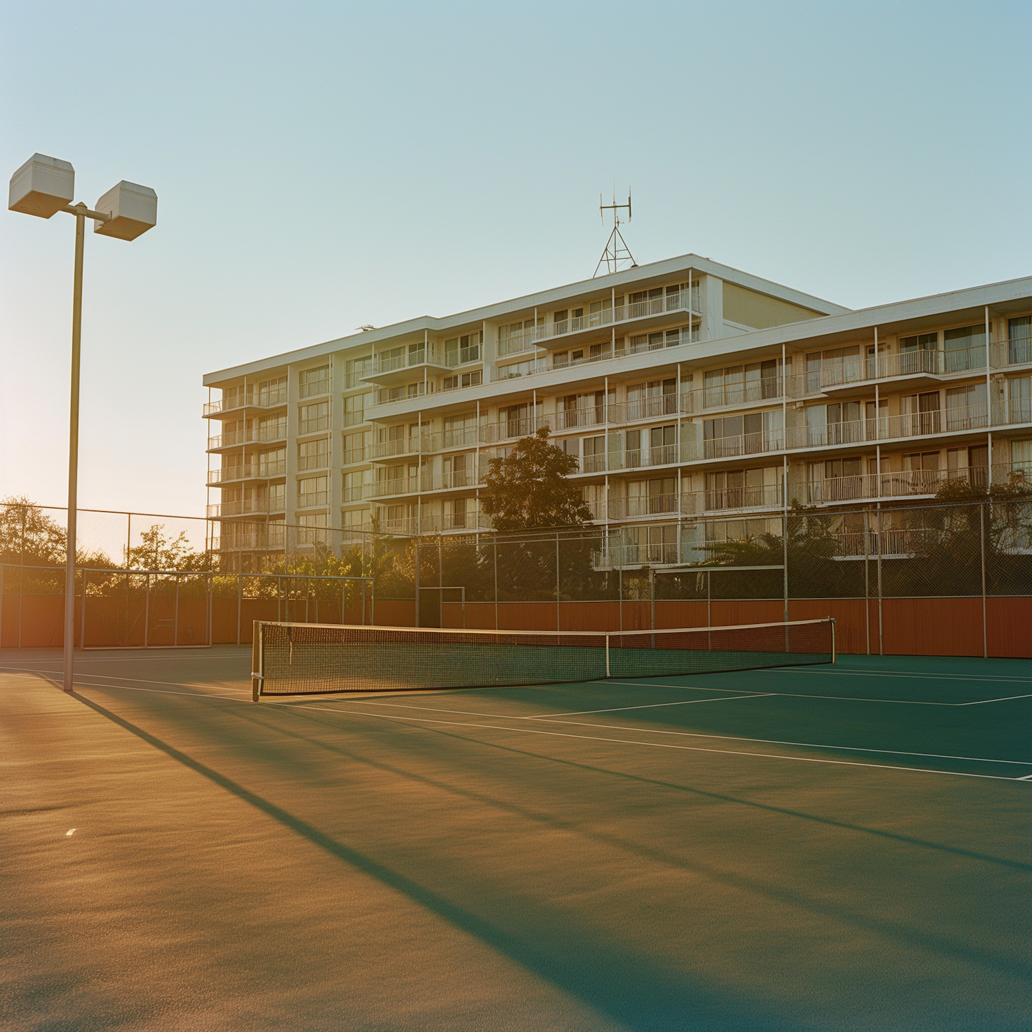 Modern Apartment Building with Tennis Court in Evening