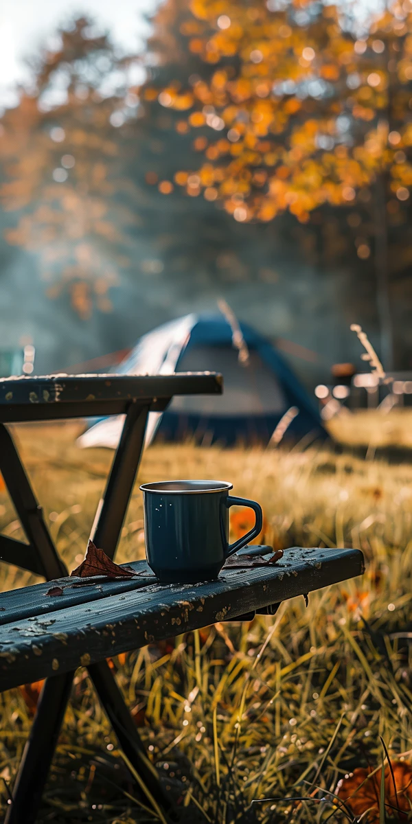 Serene Camping Scene with Enamel Mug