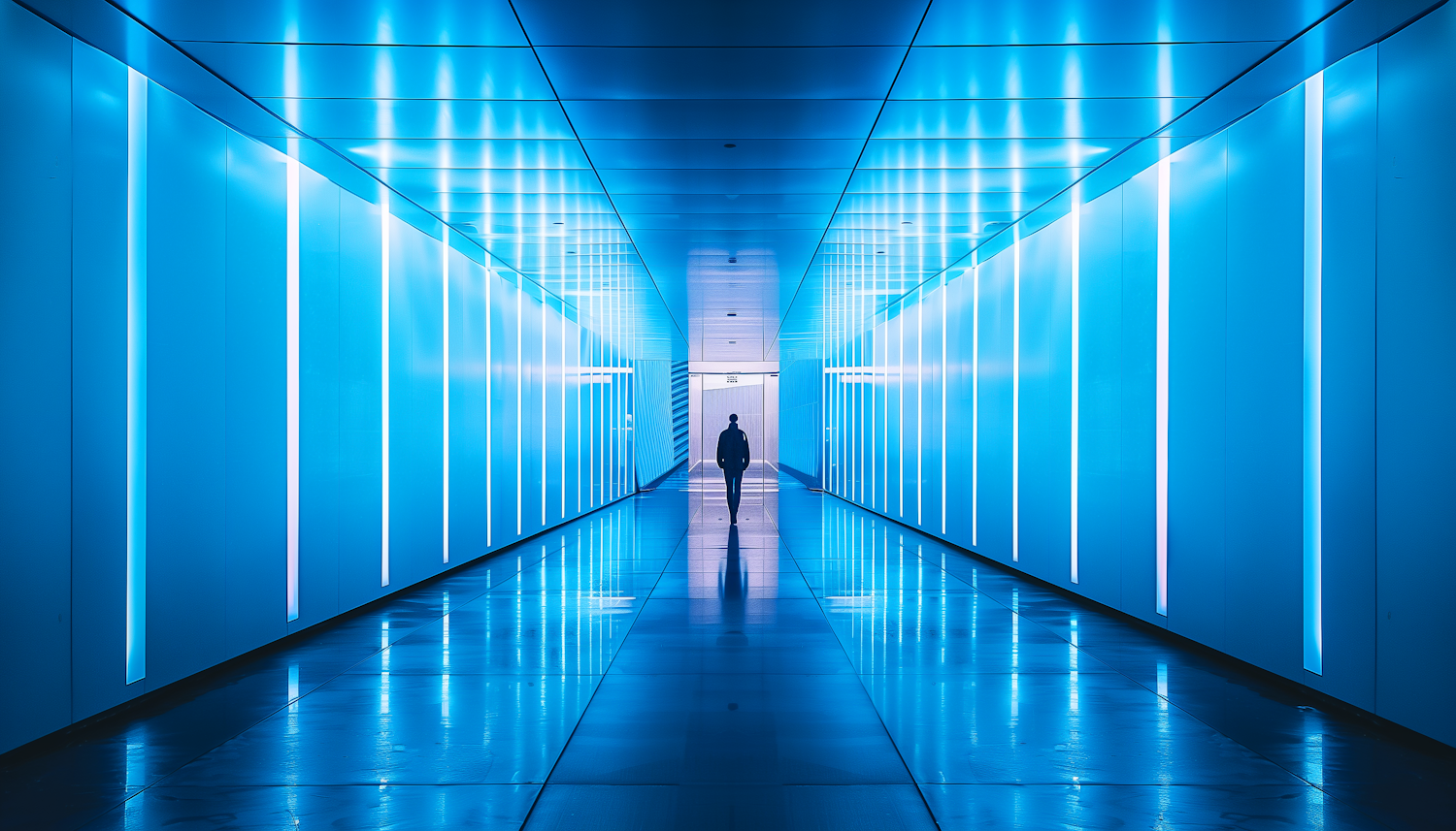 Futuristic Corridor with Silhouetted Figure