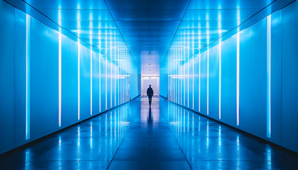 Futuristic Corridor with Silhouetted Figure