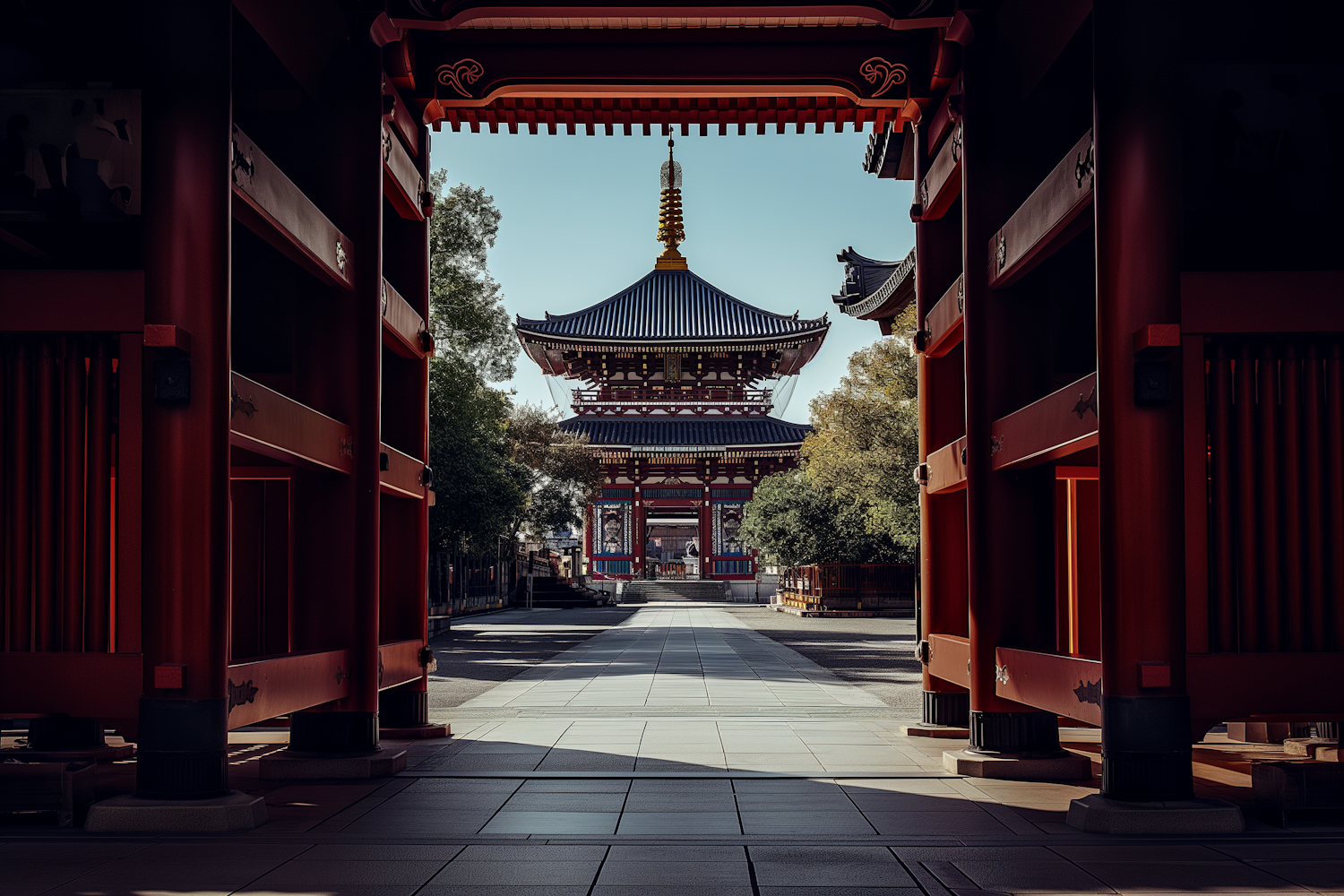 Serene Japanese Temple through Ornate Gateway