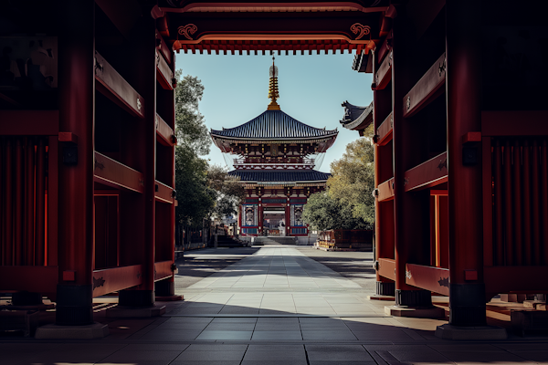 Serene Japanese Temple through Ornate Gateway