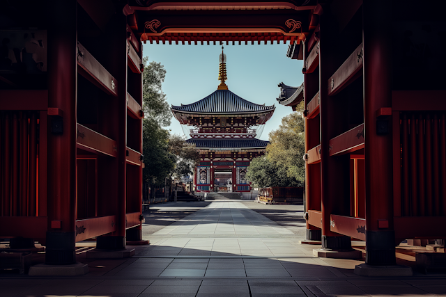 Serene Japanese Temple through Ornate Gateway