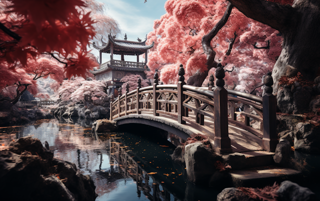 Tranquil Oriental Garden with Arching Bridge and Reflection Pond