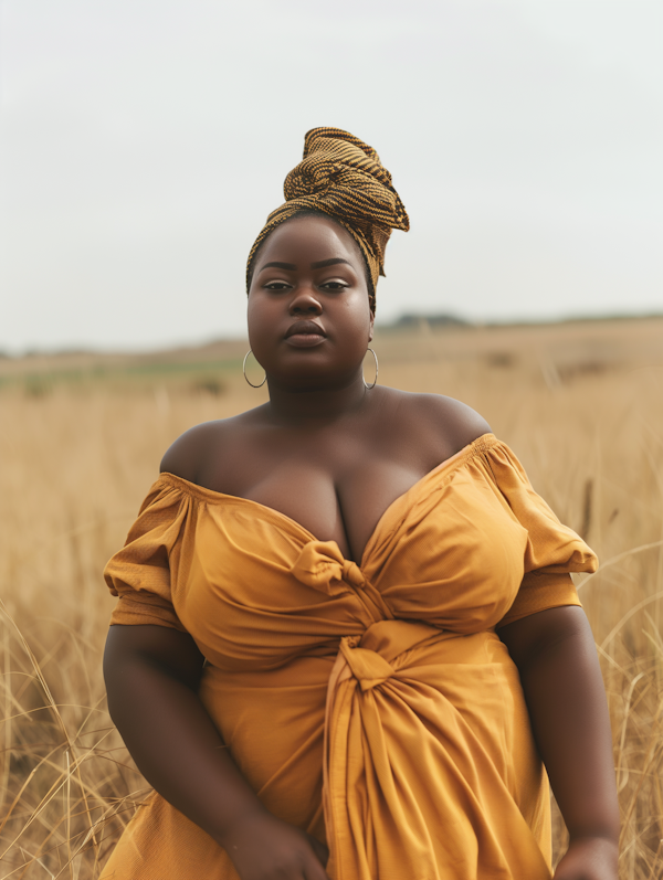 Serene Woman in Mustard Yellow Dress in Field