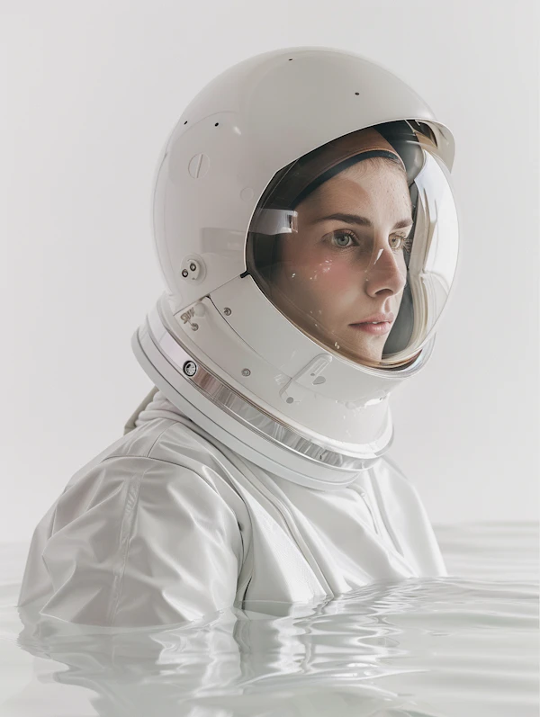 Contemplative Astronaut Woman in Water