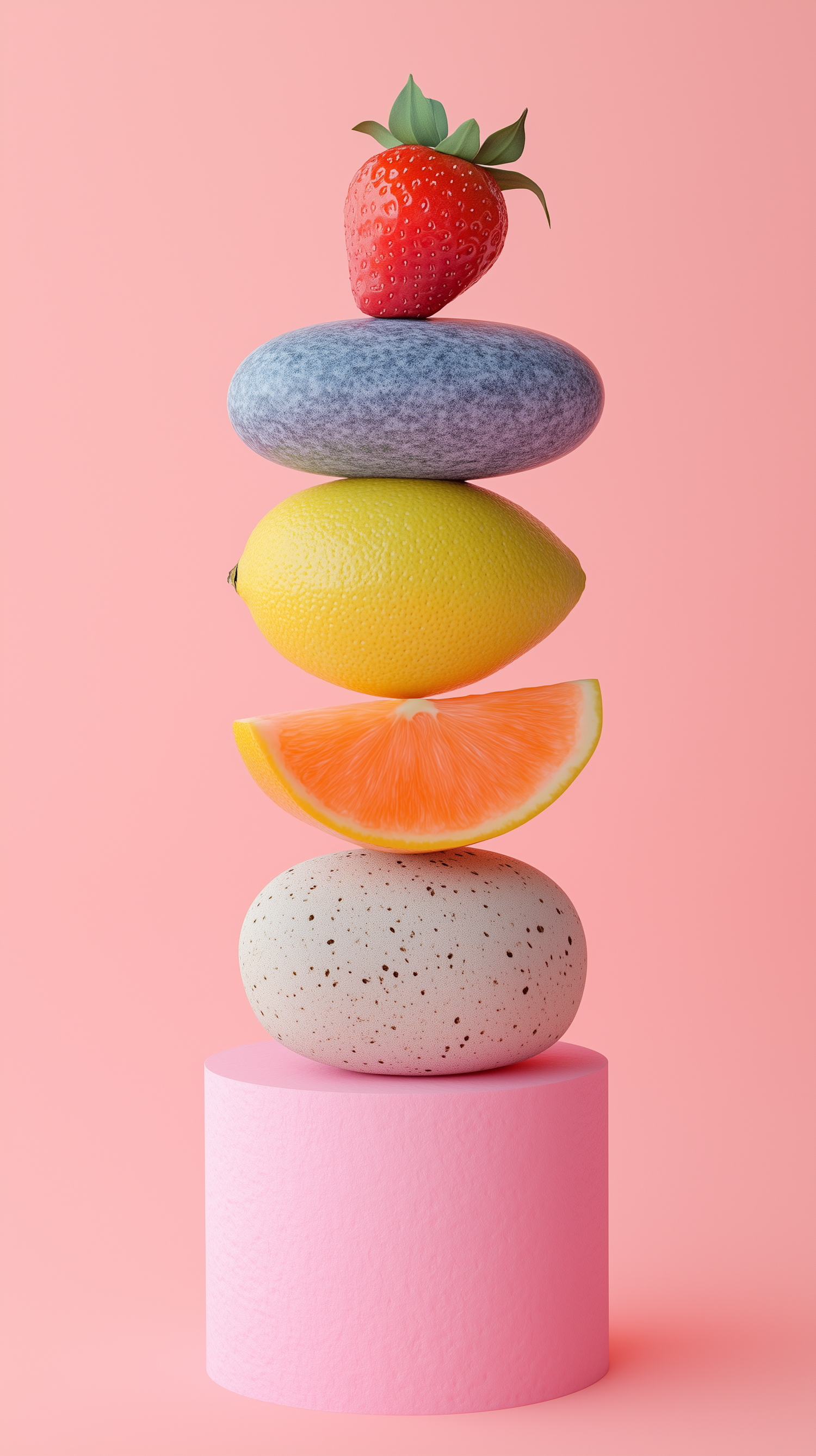 Vertical Stack of Fruits and Stones