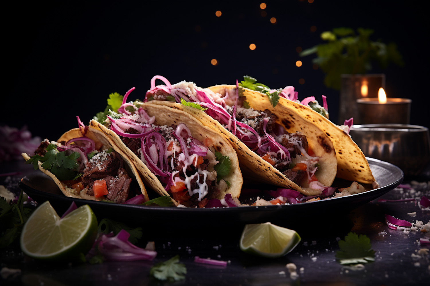 Succulent Beef Tacos with Purple Onion, Cilantro and Crumbly Cheese