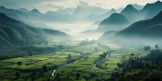 Misty Morning in the Terraced River Valley