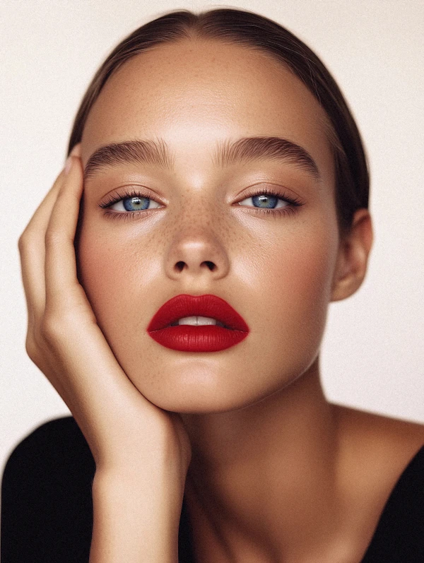 Portrait of a Person with Blue Eyes and Red Lipstick