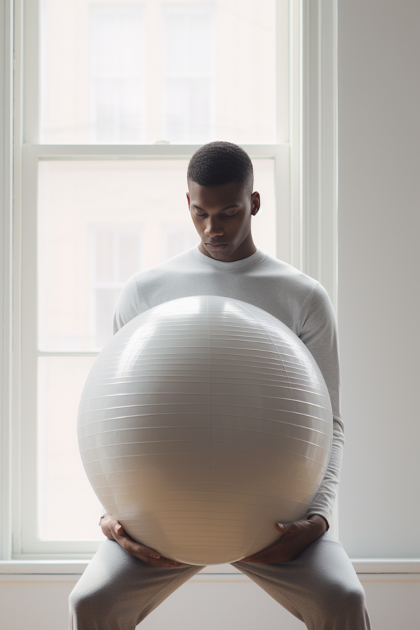 Athletic Man Contemplating with Exercise Ball