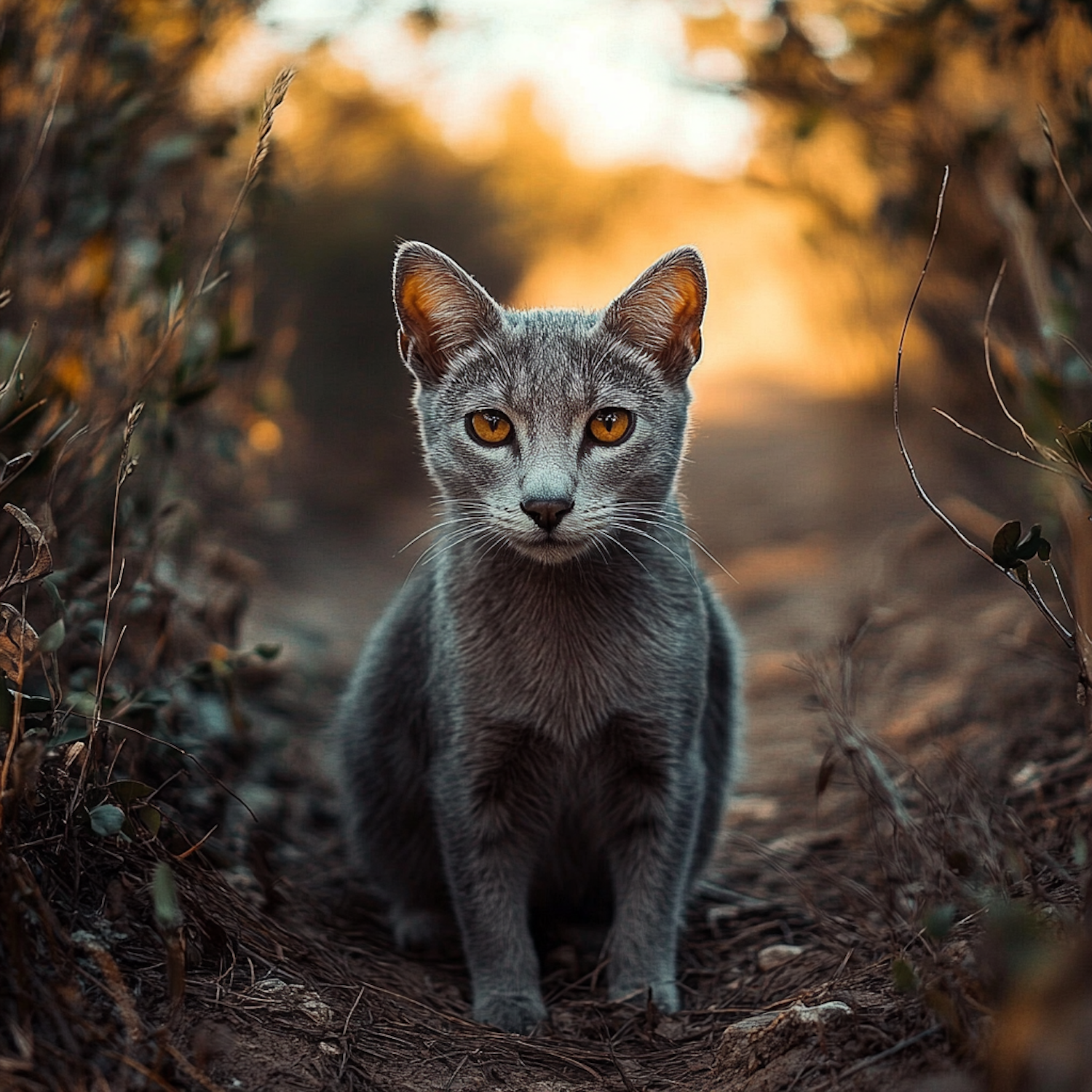 Amber-Eyed Gray Cat on Path