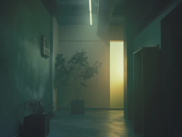 Mysterious Interior with Warm Light and Plants