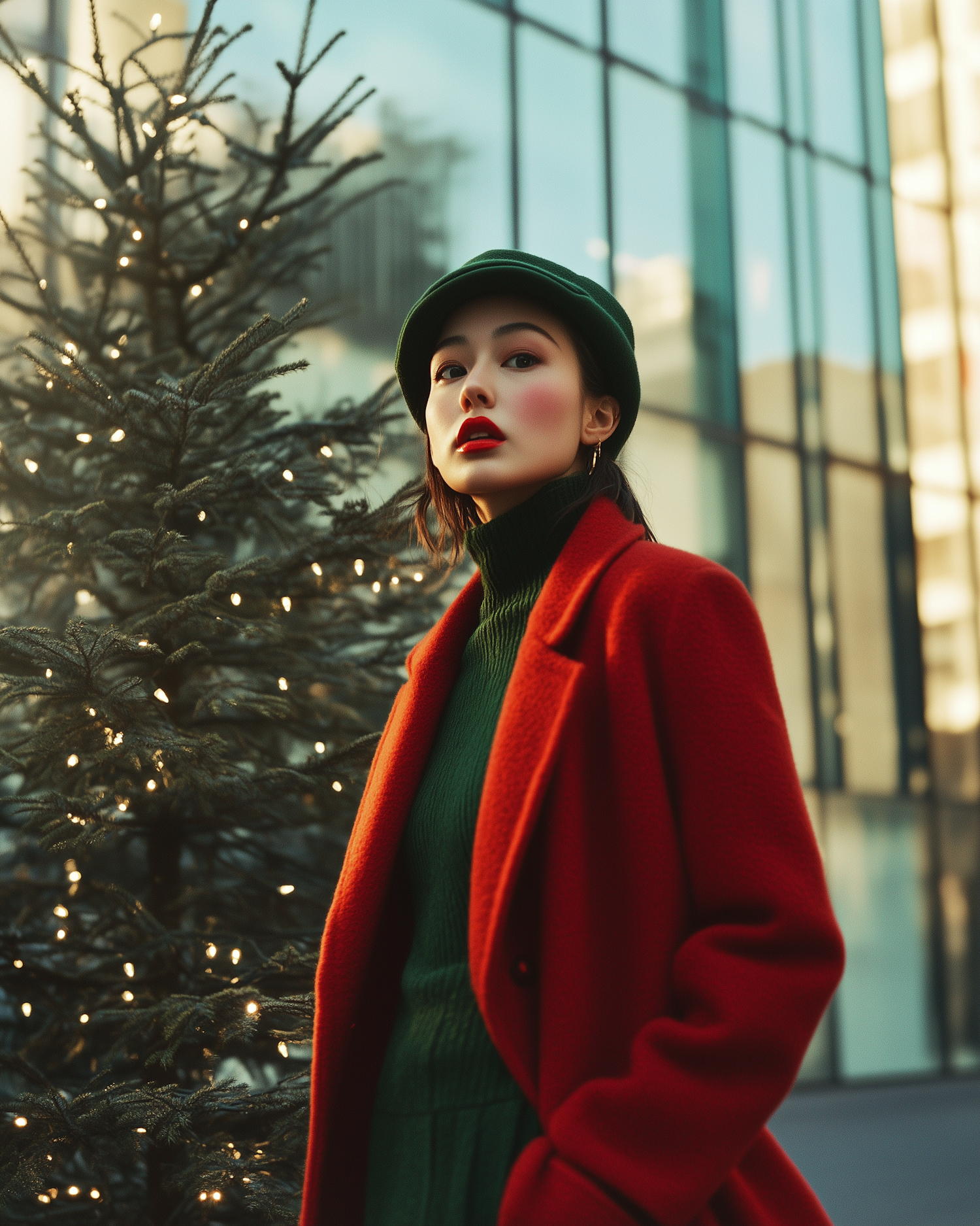 Woman in Red Coat with Christmas Tree