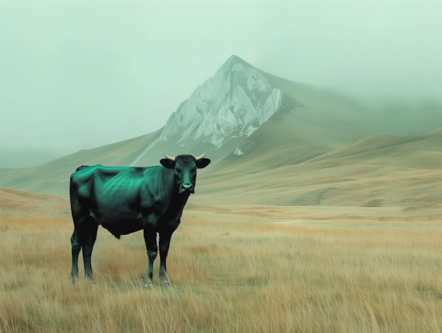 Iridescent Cow in Surreal Landscape