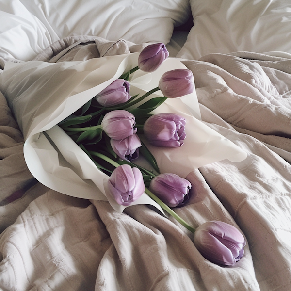 Lavender Tulips on Unmade Bed