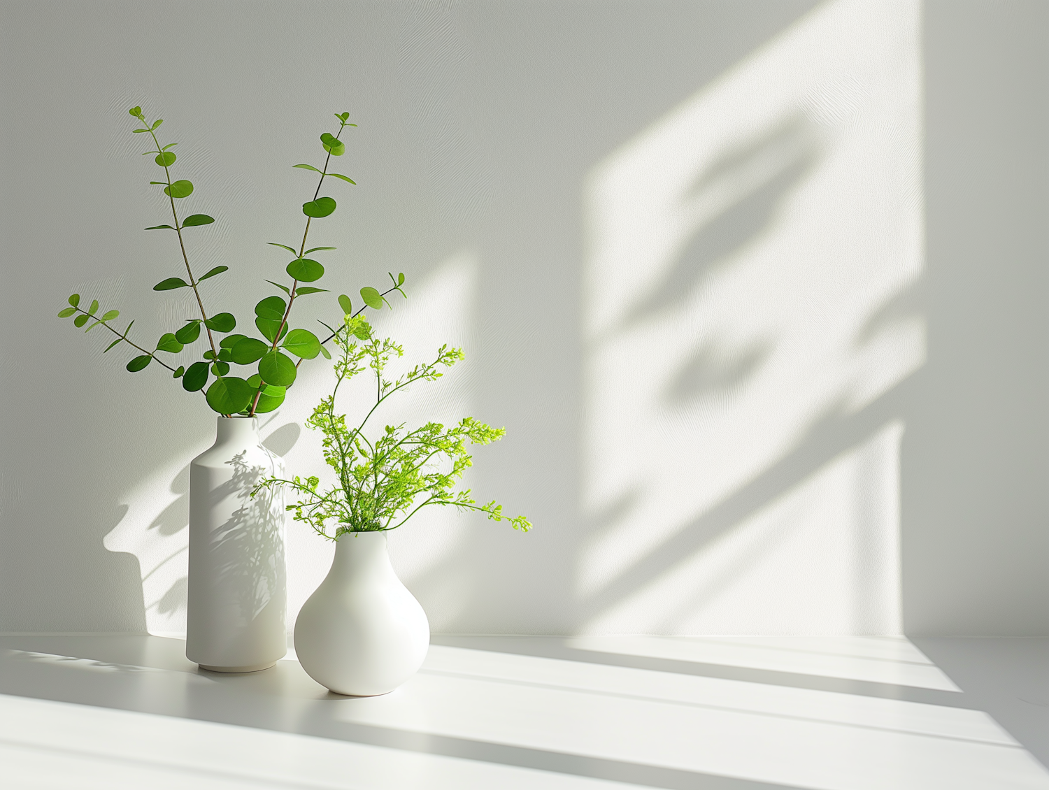 Two White Vases with Greenery in Natural Light