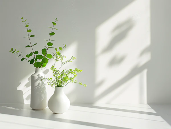 Two White Vases with Greenery in Natural Light