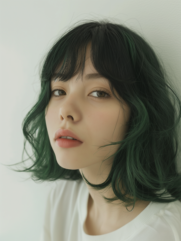 Contemplative Woman with Emerald Green Hair Tips