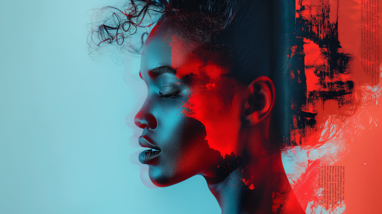 Abstract Portrait with Blue and Red Hues