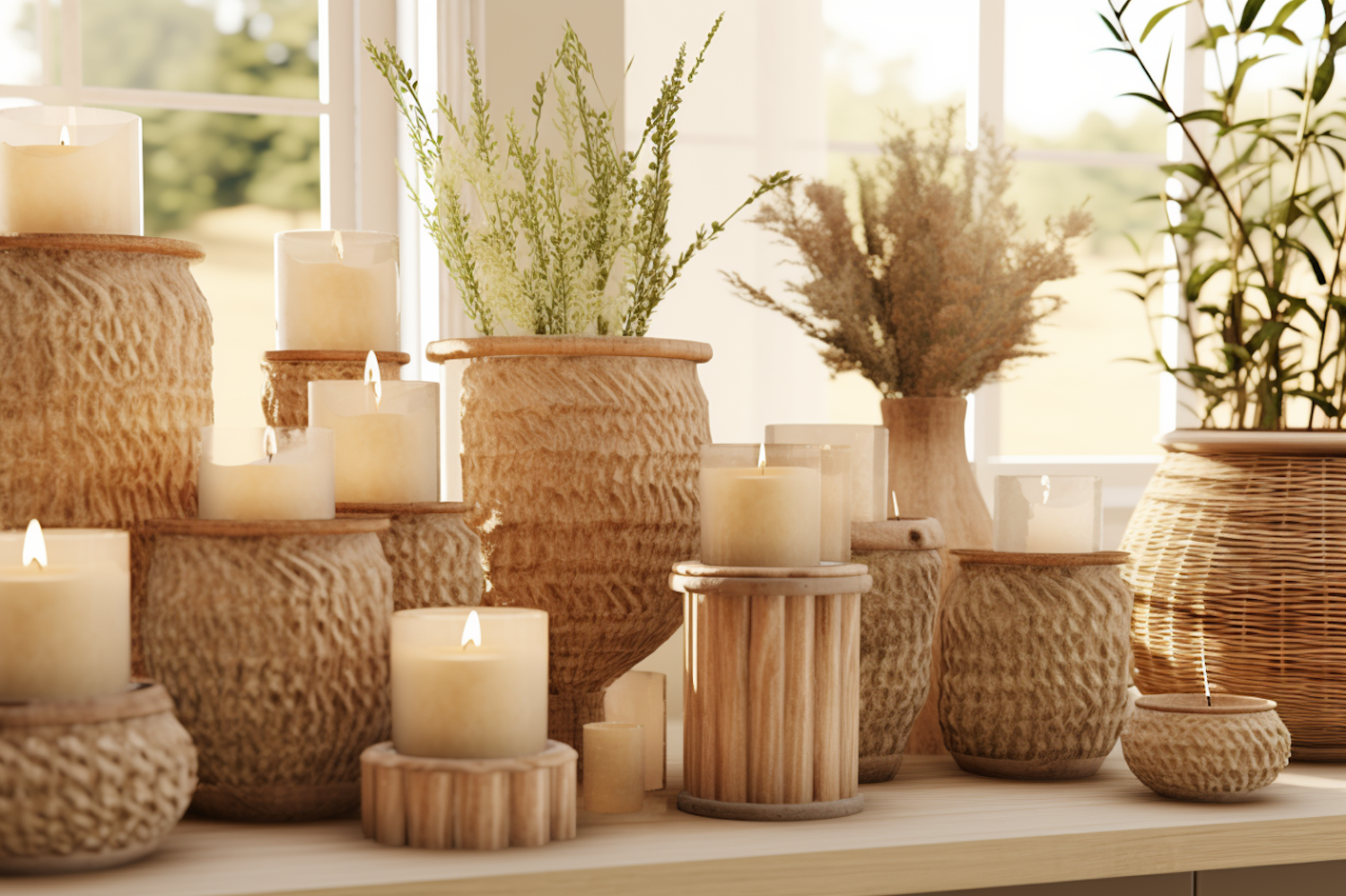 Rustic Tranquility: Candles and Foliage Daylight Scene