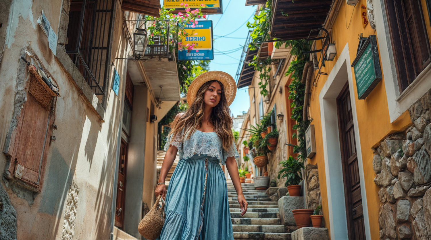 Woman in a Charming European Alleyway