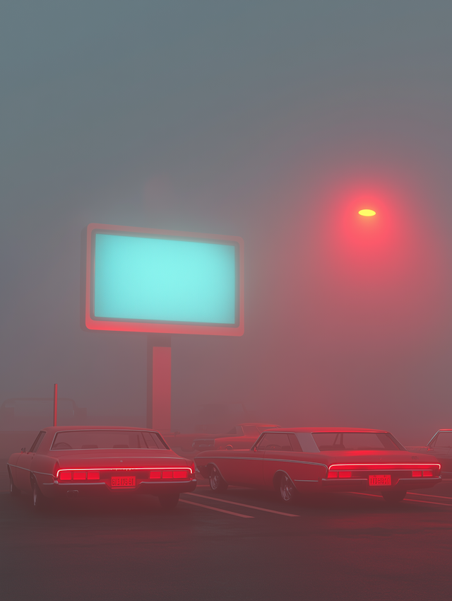 Foggy Parking Lot with Classic Cars