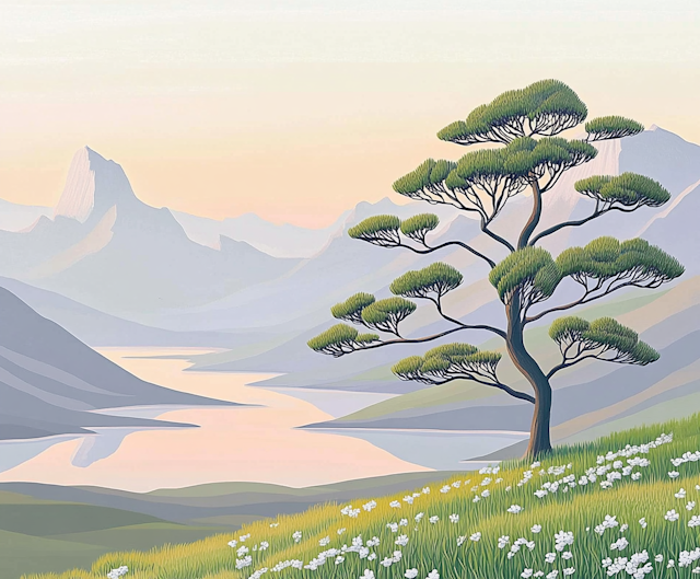 Serene Landscape with Stylized Tree