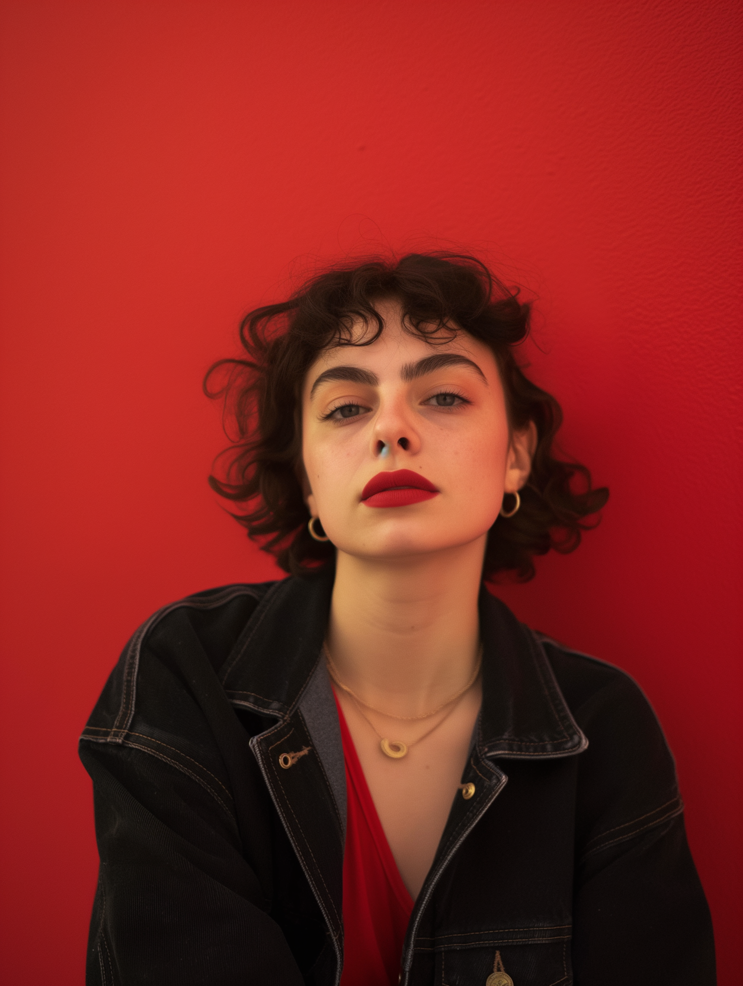 Stylish Young Woman with Red Backdrop